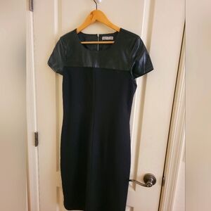 Jersey and faux leather knee length black dress M
